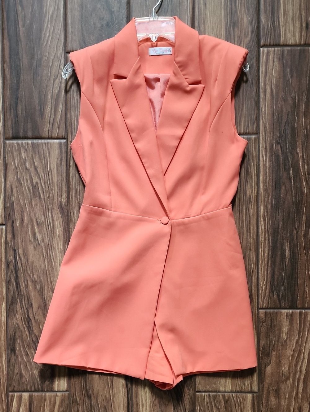 Sleeveless Coral Tailored Mini Romper Dress with Notch Lapel